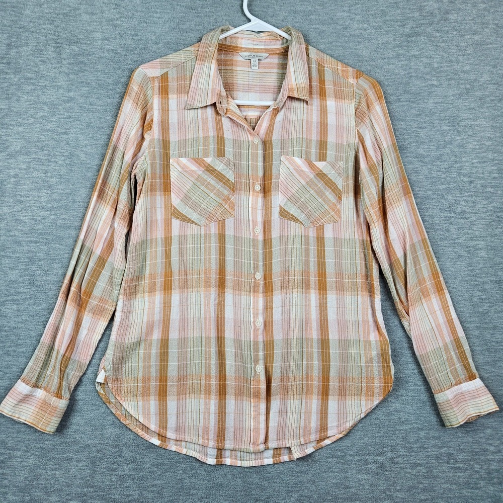 Lucky Brand Women's Brown White Stripes Long Sleeve button up Shirt Size S